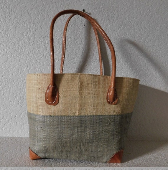 Handmade natural fiber shoulder bag/beige green br