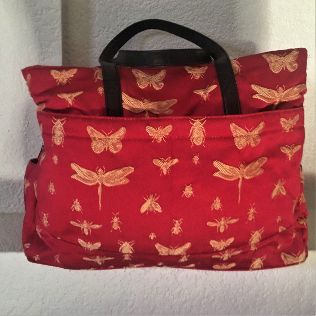 Vintage Ciao! Traveler's Large Tote Bag/red With Gold Butterflies