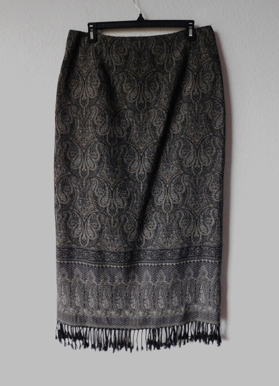 Talbots size 14 paisley long wool tassel skirt/oli