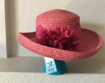 New Betmar rollup brim pink straw hat/wide pink flower head band hat/beautiful wide brim up pink sun hat