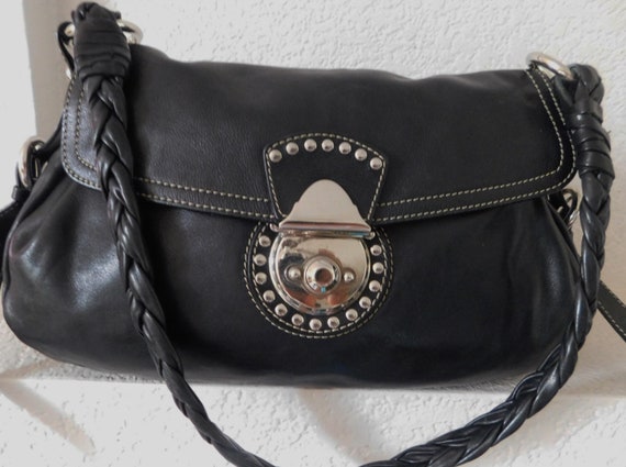 Francesco Biasia Vintage Soft Black Leather Shoulder Bag/footed