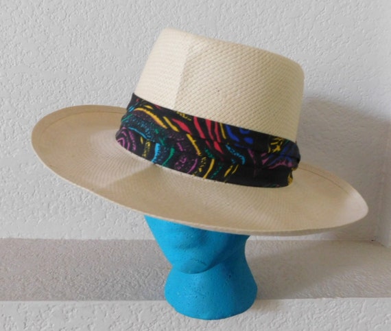 Colorful wide band panama hat/ivory 3 folds wide … - image 1