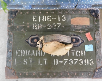 WWII military green footlocker/interior wood structure military  footlocker/metal frame 1930's military footlocker/size 30 x 16 x 12