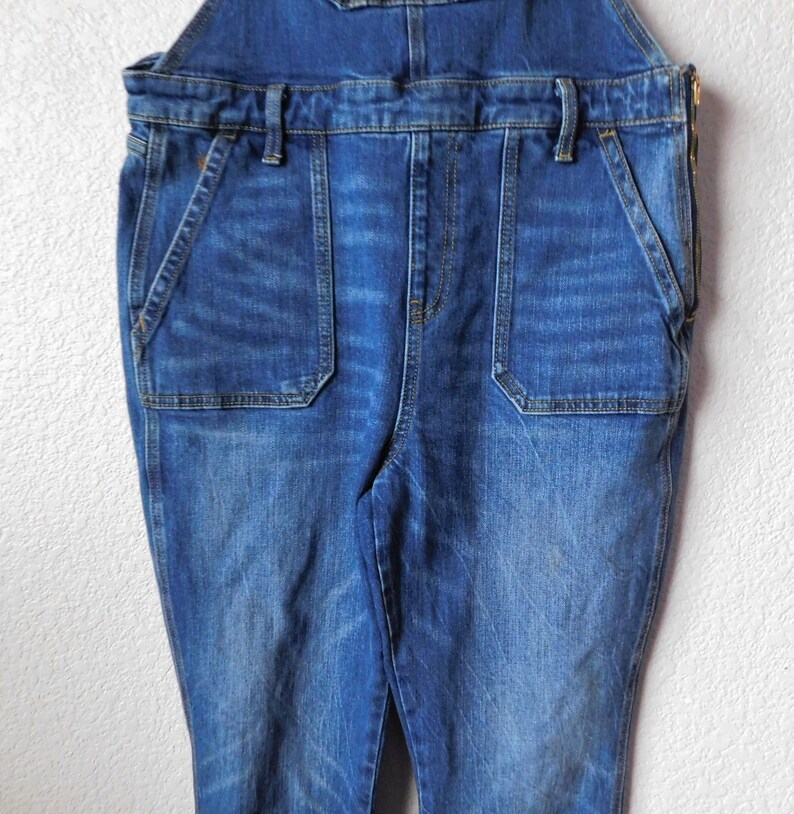 Old Navy size 14 blue denim overall/distressed carpenter pants/strap hook functional blue denim overall image 3