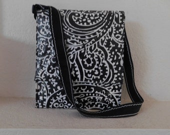 Recycled material messenger bag/black white polka dots paisley pattern messenger bag/light durable beautiful messenger bag