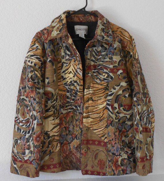 Chico's tapestry jacket /floral patterns animal pr