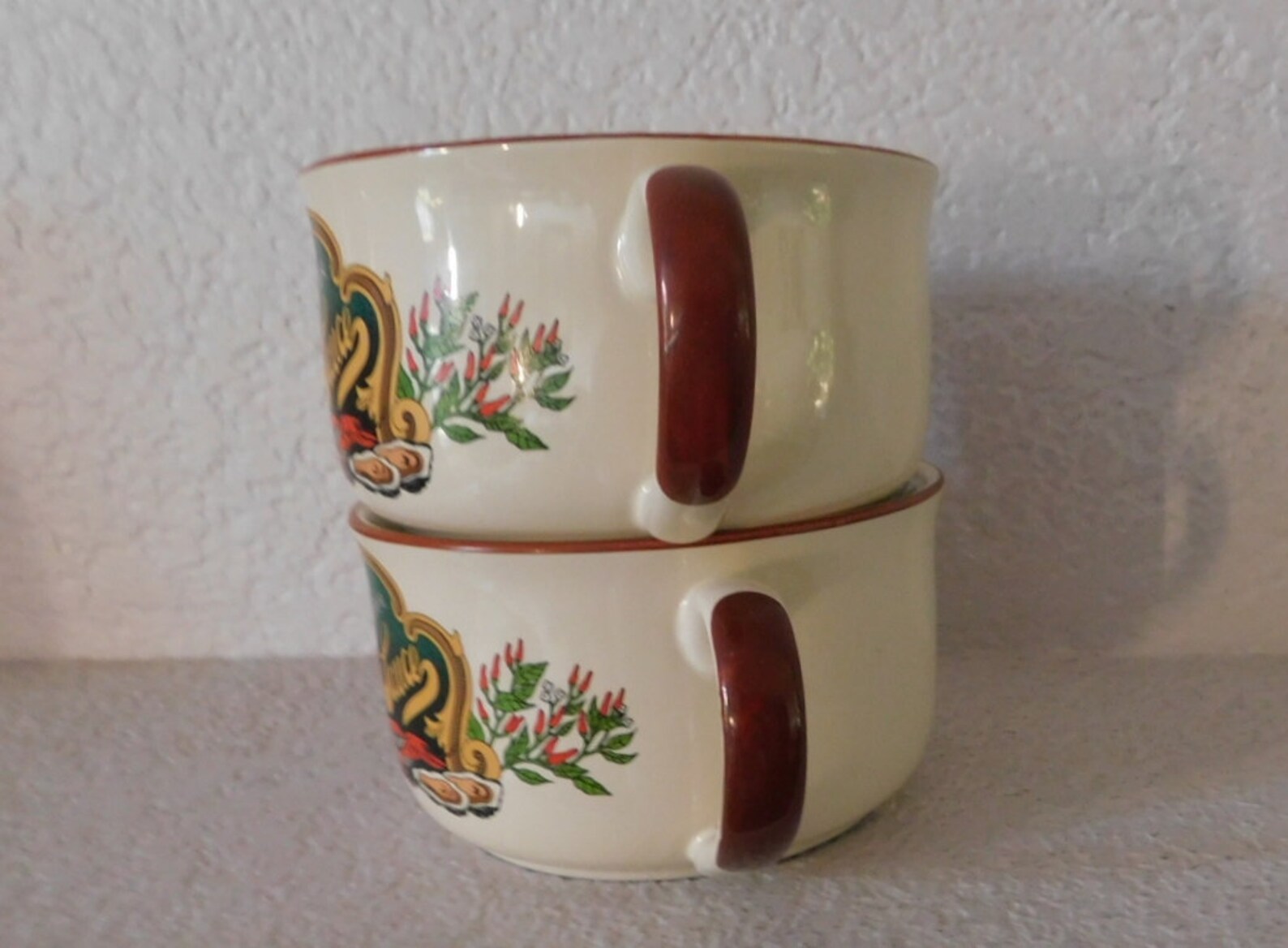 Vintage Tabasco soup bowls/colorful pattern red green beige Etsy