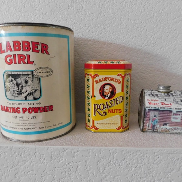 Vintage 3 tin cans/Clabber Girl baking powder 10 lbs can/Radford's roasted nuts /sugar shack maple syrup