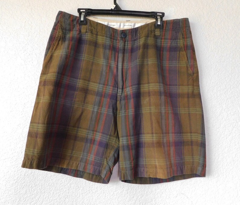 Rare Tehama size 36 men's cotton shorts/ classic cotton checker shorts/brown green red checker shorts image 1