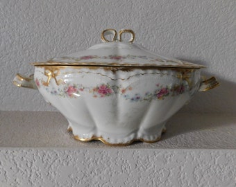 1880's Porcelain Theodore Haviland lidded soup tureen/gilded roses ribbon top & side handles soup tureen/Hand painted lidded soup tureen