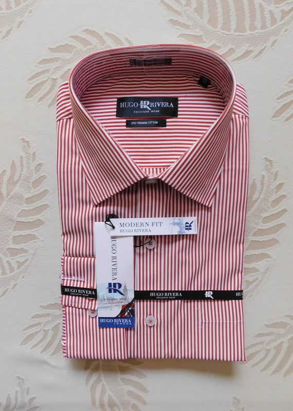 New Hugo Rivera London Size 41/16 Modern Fit Men's Cotton Dress Shirt/Red & White Stripes New 2Ply Cotton Dress Shirt