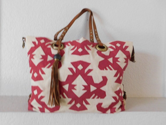 Vintage Lucky Brand Aztec Theme Canvas Tote Bag/beige Red 