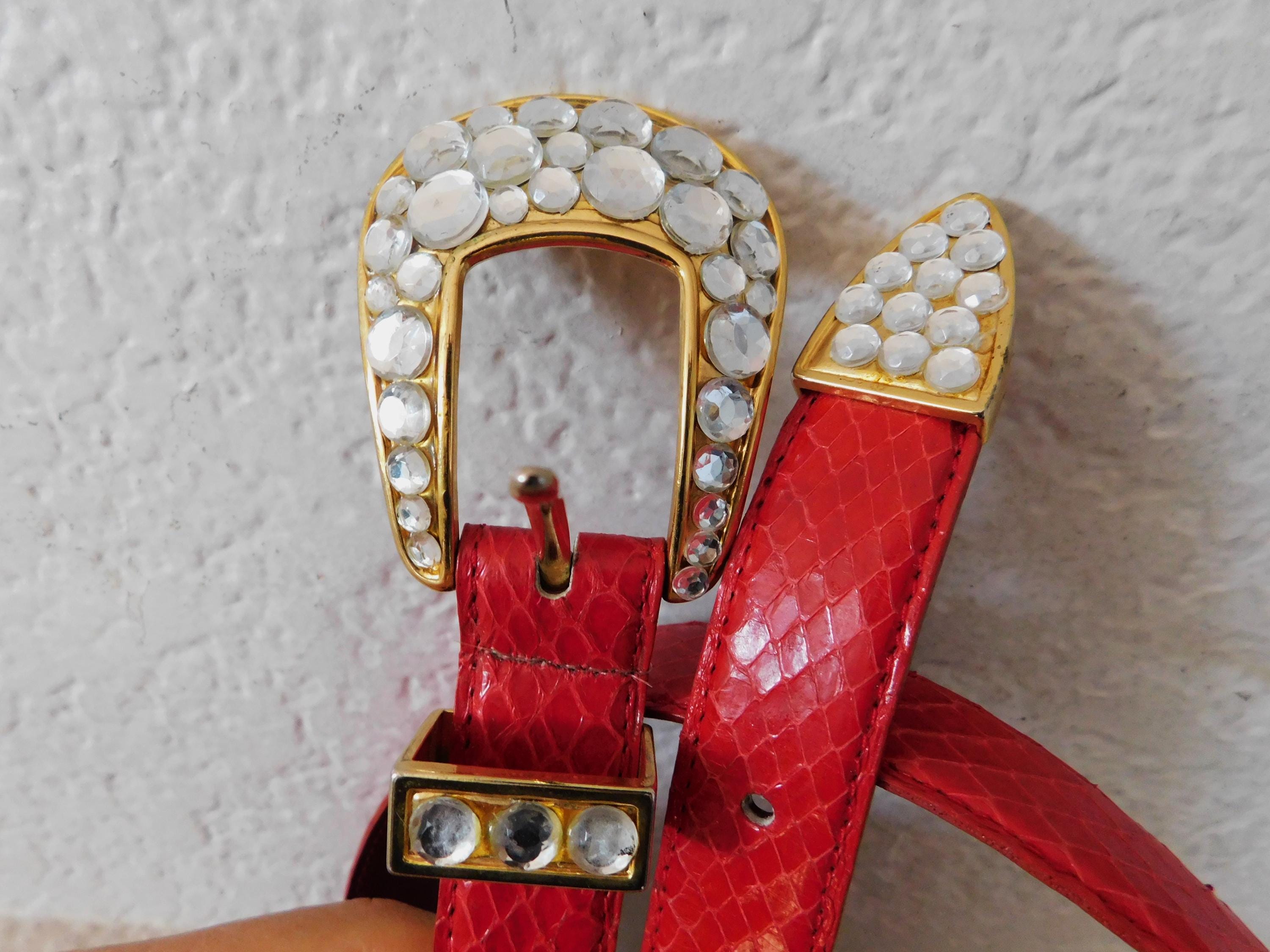 Genuine Snake Skin Red Rhinestone Belt/gold Buckle  display picture 3