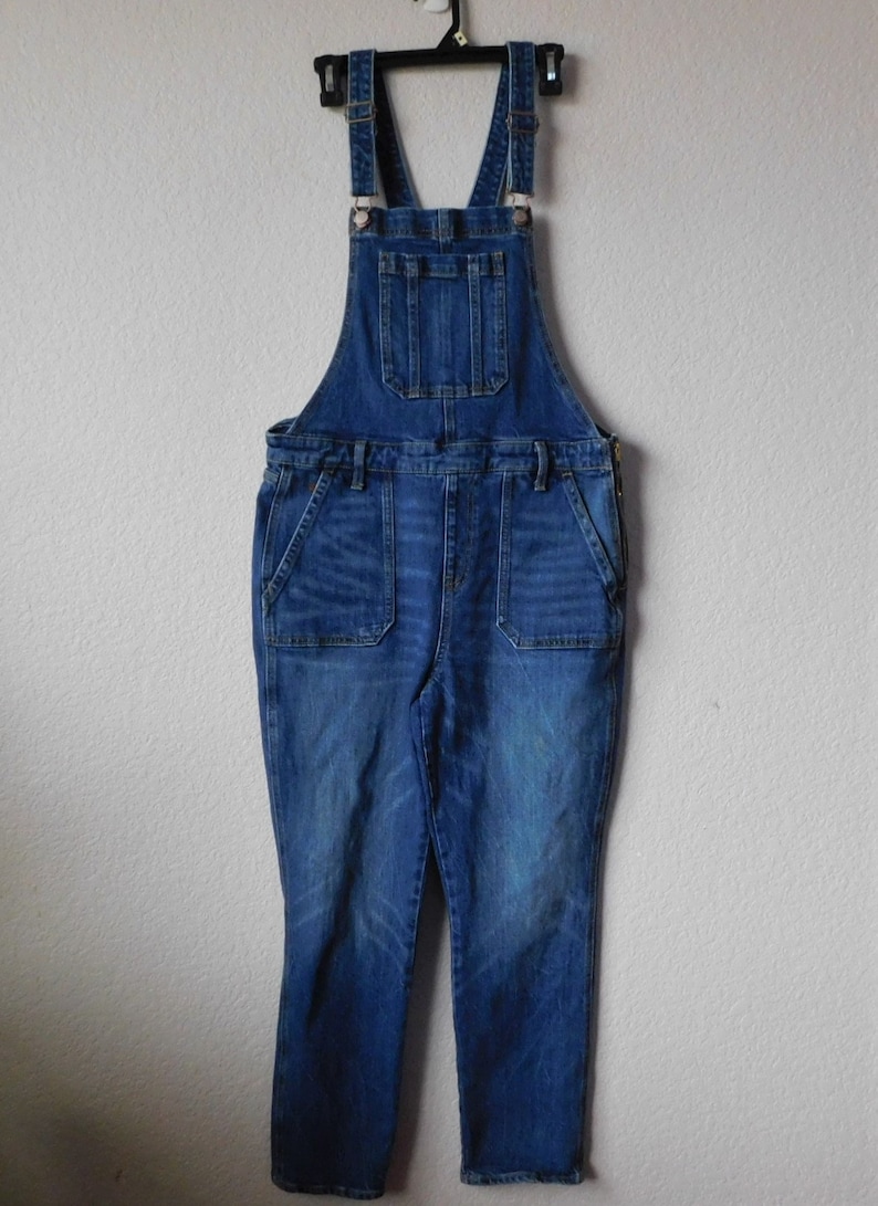Old Navy size 14 blue denim overall/distressed carpenter pants/strap hook functional blue denim overall image 1