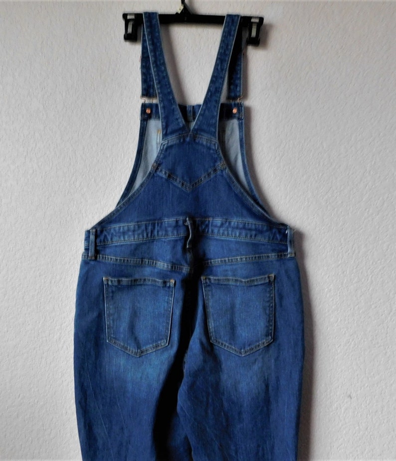 Old Navy size 14 blue denim overall/distressed carpenter pants/strap hook functional blue denim overall image 6