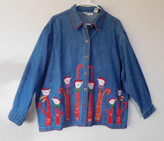 Dressbarn Woman Denim Blouse Christmas Holiday Theme Etsy