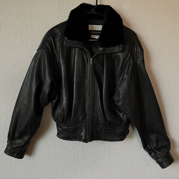 Michael Joseph talla L chaqueta de cuero negro de mujer/chaqueta bomber negra de cuero suave/chaqueta de cuero negro biker de cuello suave de piel real