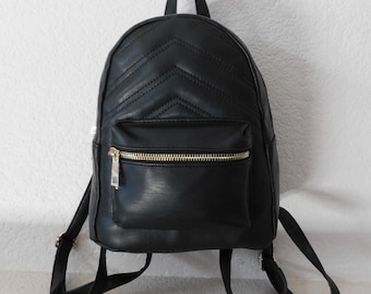 Qupid black leather backpack/cute compact black leather backpack/quilted top black leather backpack