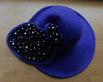 Mr. John New York Paris classic hat/Mr. John classic purple felt classic hat/beautiful black velvet pearls rhinestone classic hat