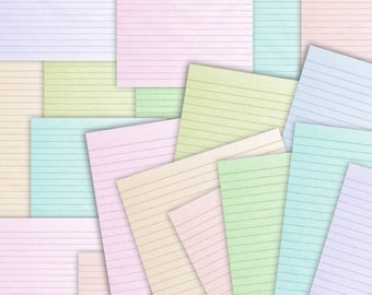 May include: A collection of 12 pastel colored lined paper sheets. The sheets are arranged in a fan shape with the top sheet being a light blue color. The sheets are all lined with a thin black line.