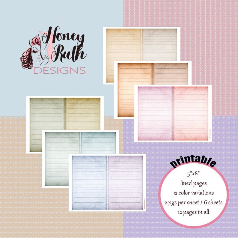Printable Journal Pages 5 X 8 Lined Page Rainbow Vintage Digital Paper ...
