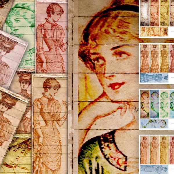24 Bookmarks Vintage Theme Antique Images Women Ladies Multicolor Printables 2"x6" Tag Assorted Printable Tags Digital Instant Download DIY