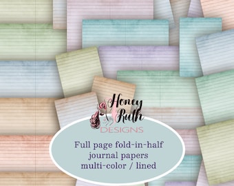 May include: A digital paper pack with 12 different lined journal papers in various pastel colors. The papers are designed to be printed and used for scrapbooking, journaling, or other paper crafts. The text on the image reads "Honey Ruth Designs, Full page fold-in-half journal papers multi-color / lined".