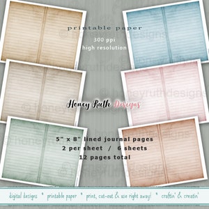 Puede incluir: Una colección de páginas de papel imprimible en varios colores, incluyendo beige, azul, rosa y verde. Cada página es rayada y mide 12,7 cm x 20,3 cm. La imagen incluye texto que dice "papel imprimible" y "alta resolución".