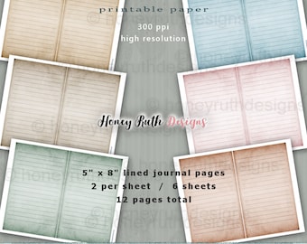 May include: A collection of printable paper pages in various colors, including tan, blue, pink, and green. Each page is lined and measures 5" x 8". The image includes text that reads "printable paper" and "high resolution".