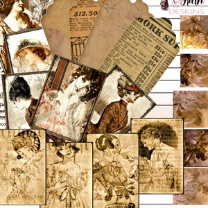 Páginas imprimibles de efímeras antiguas, diarios, tarjetas, etiquetas, cuadrados pequeños, varias combinaciones de imágenes, sepia antigua, para colorear, nostalgia, manualidades de papel, alijo
