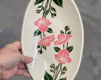 Double Pink Poppy Oval Bowl