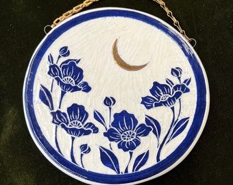 Cobalt Blue Golden Moon Ceramic Wall Art