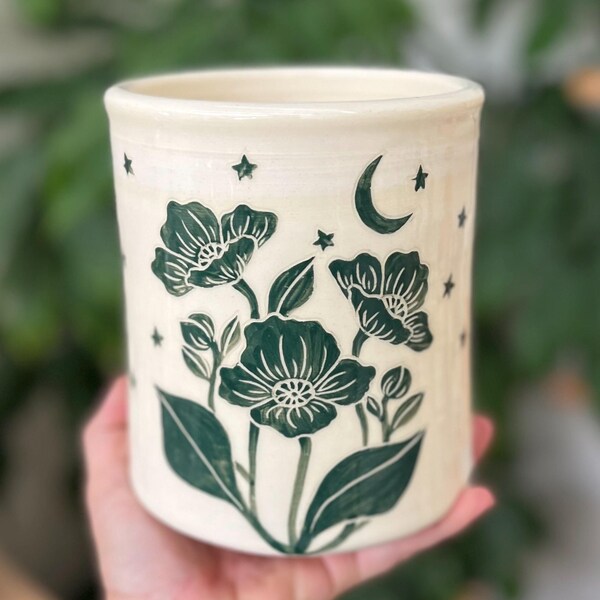 Dark Teal Moon and Stars Poppy Utensil Holder Crock