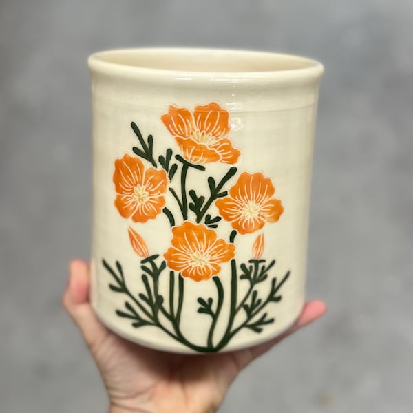 California Poppy Utensil Holder Crock
