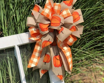 Fall Wreath bow. Fall decor. Rustic Fall decorations. Rustic fall bow. Orange plaid bow. Pumpkin ribbon. Pumpkin bows. Orange buffalo plaid