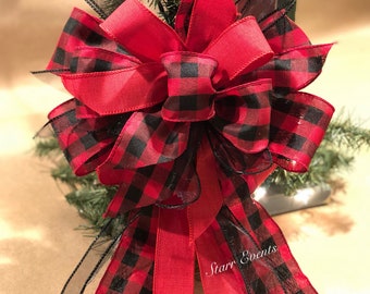 Buffalo Plaid bow. Rustic Christmas decor. Red and Black plaid bow. Rustic Christmas bow Rustic Christmas ribbon Primitive Christmas bow.