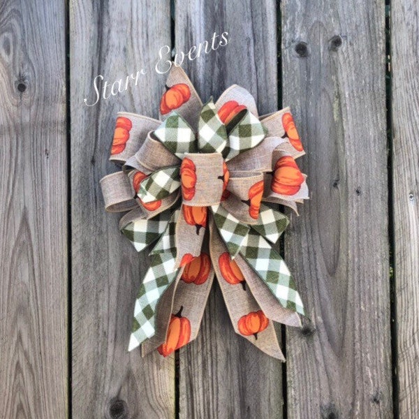 Fall Wreath bow. Fall decor. Rustic Fall decorations. Rustic fall bow. Moss green plaid bow. Pumpkin ribbon. Orange and moss Pumpkin bows.