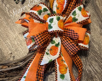 Pumpkin Fall Wreath bow. Fall decor. Rustic Fall decorations. Rustic fall bow. Orange and black plaid bow. Pumpkin ribbon. Pumpkin bows.