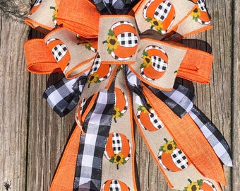 Fall Wreath bow. Fall decor. Rustic Fall decorations. Rustic fall bow. Buffalo plaid pumpkin ribbon. Plaid pumpkin bow  bows for wreaths