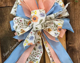 Spring bows for wreaths Spring decor Spring Wreath bow Spring decorations Peach and blue bow Spring door decor Spring door hanger