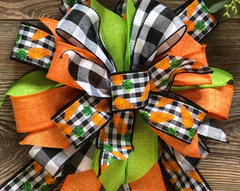 Buffalo plaid Easter bow. Carrot Easter decor. Easter Wreath bow. Carrot Easter decorations Easter Spring bow. Spring wreath bow. Door decor