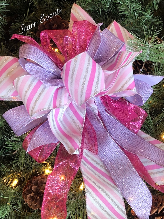 Pink Christmas bows. Christmas decorations. Pink Christmas decor.   Christmas wreath bow. Candy striped bow. Pink and lavender bows