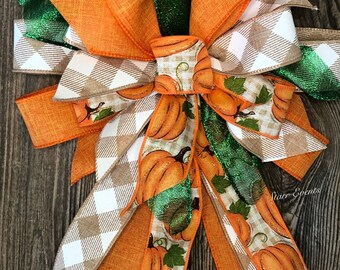 Orange pumpkin bow. Fall Wreath bow. Plaid Bows for wreaths Plaid fall bows. Pumpkin bows. Bows with pumpkins Fall decor Fall decorations