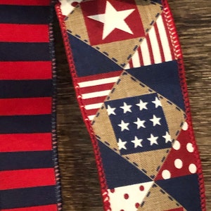 May include: Red, white, and blue patterned ribbon with stars and stripes. The ribbon is made of a patchwork of different fabrics.