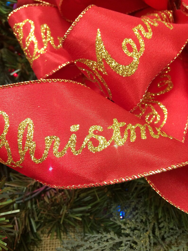 Merry Christmas tree topper Red and gold bows Merry Christmas bows with streamers Red and gold Christmas ribbon Christmas tree bows.