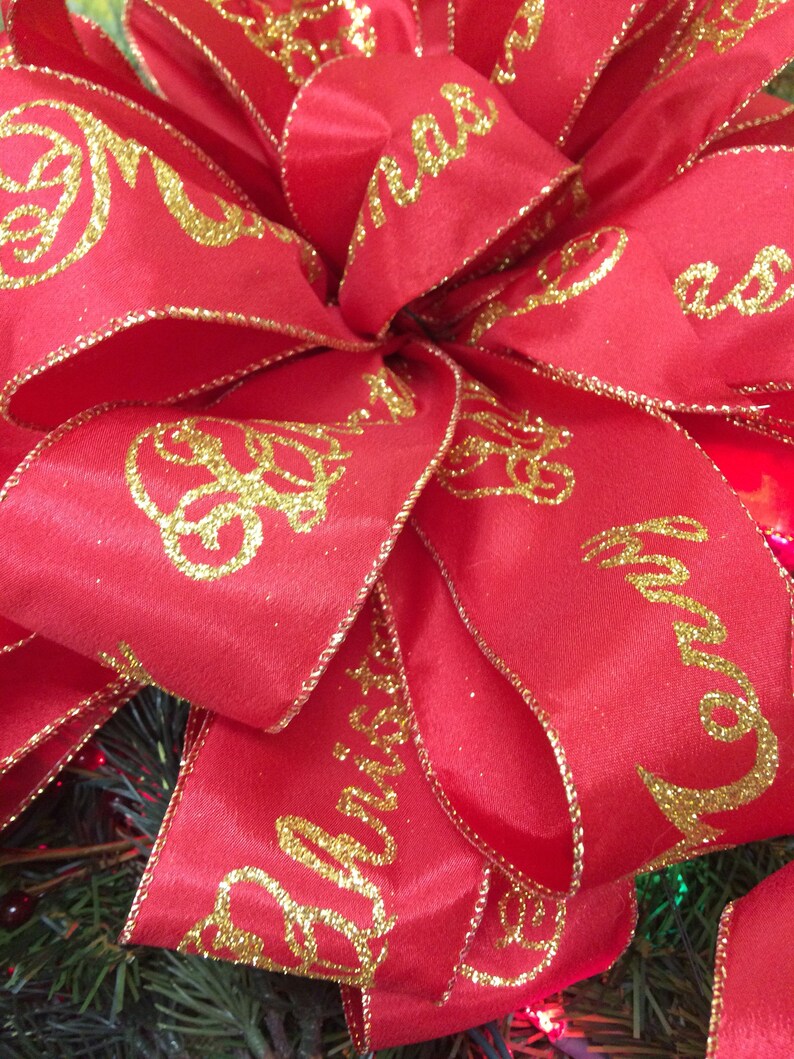Merry Christmas tree topper Red and gold bows Merry Christmas bows with streamers Red and gold Christmas ribbon Christmas tree bows.