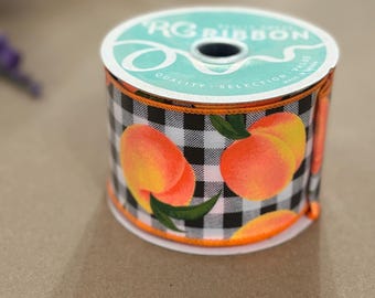 Buffalo plaid with peaches ribbon by the roll. 10 yards 2.5"wide Summer decor. Plaid summer ribbon. summer peach wreath supply