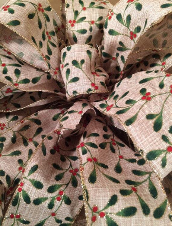 Rustic Christmas tree topper. Rustic Christmas tree bows. Christmas ribbon with holly. Christmas decor. Rustic Christmas decorations.