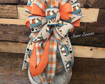 Fall Wreath bow. Fall decor. Rustic Fall decorations. Rustic fall bow. fall wheel barrel print bow. Pumpkin wheelbarrow bow Farmhouse decor