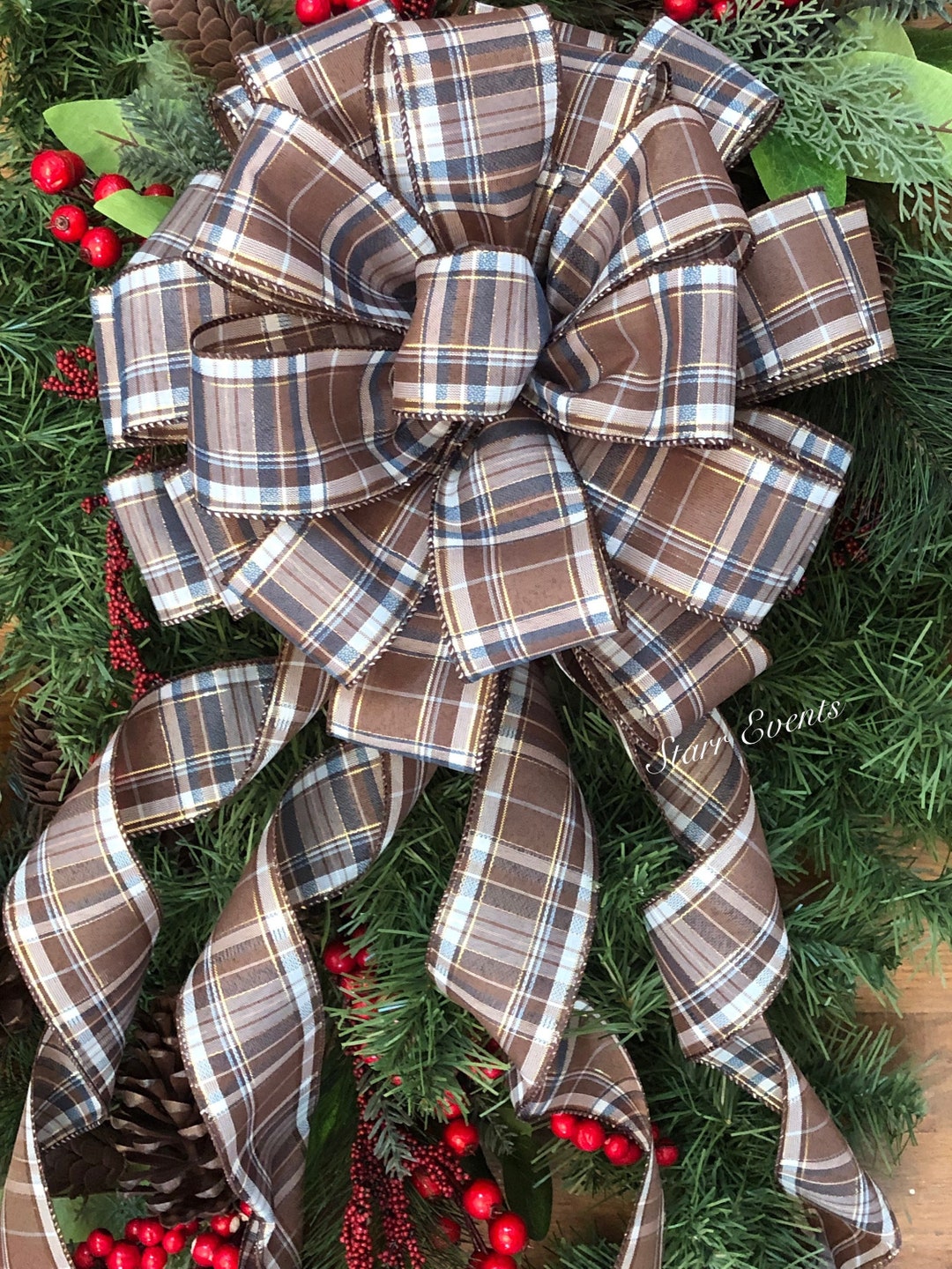Yarn Christmas Tree Decor With Plaid Ribbon and Rusty Star Topper, Set of 3  